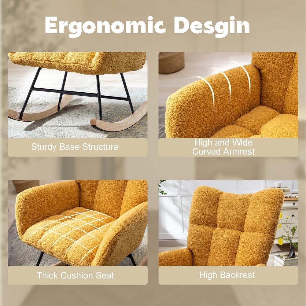 Nursery Rocking Chair Teddy Upholstered Glider Rocker Rocking Accent Chair with High Backrest Armchair Comfy Side Chair for Living Room, Bedroom, Offices (Turmeric)