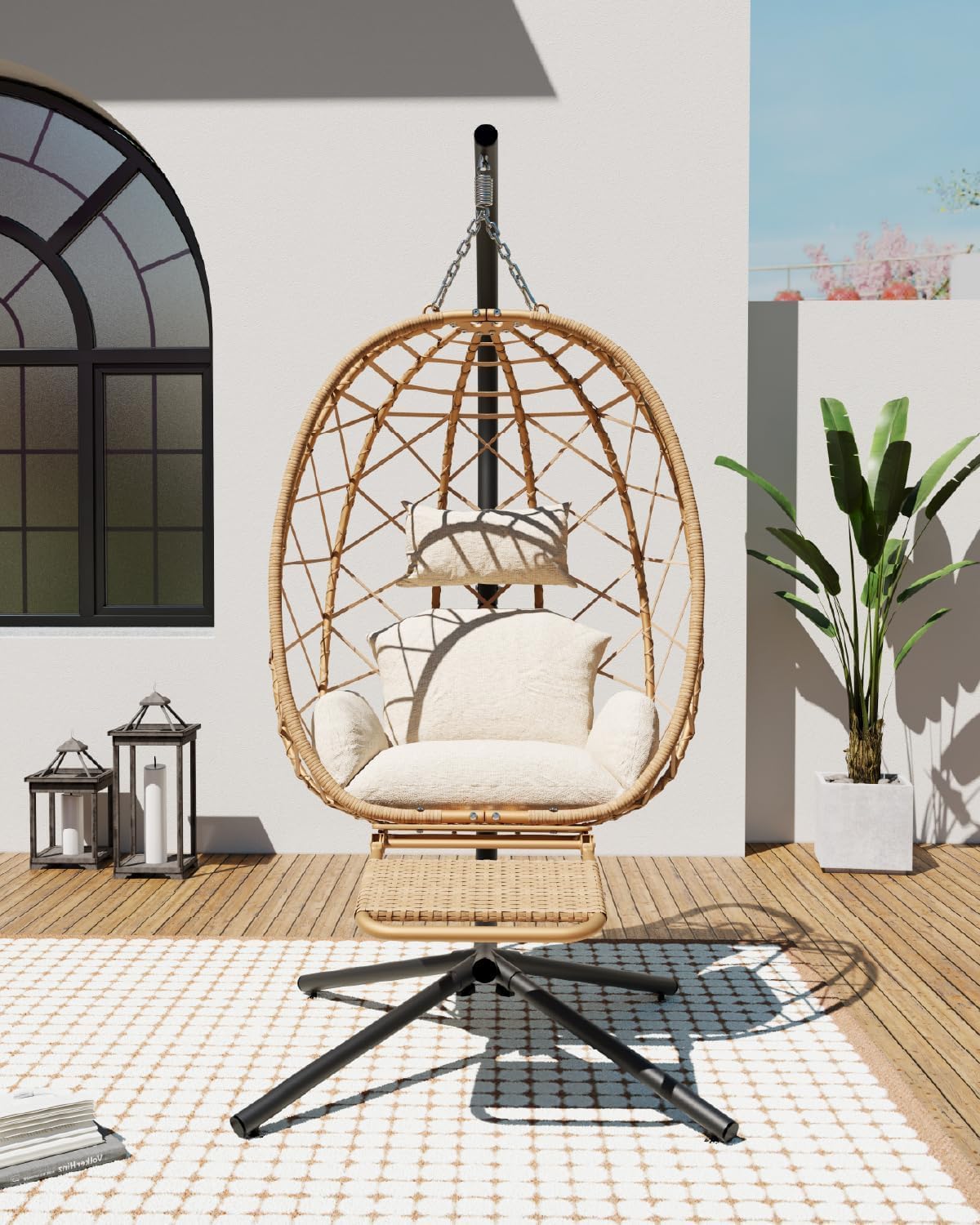SWITTE Hanging Egg Chair with Stand & Footrest, Outdoor Indoor Rattan Wicker Swing Chair, Comfy Patio Egg Hammock Chairs with Cushion for Garden Backyard Balcony Bedroom, Natural