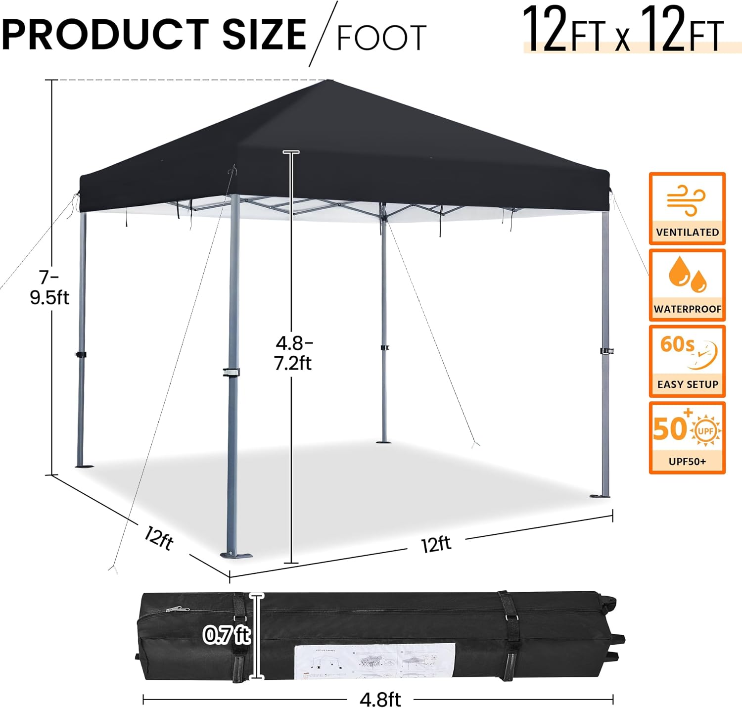 Yaheetech 12x12 Pop Up Canopy Easy Set-up Tent, Portable Outdoor Canopy Instant Tent, Commercial Gazebo with Wheeled Carry Bag & 4 Sandbags for Home, Party & Outdoor Activities, Black
