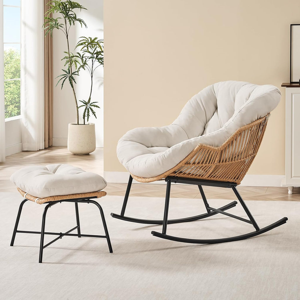ONBRILL Papasan Rocking Chair with Ottoman,Oversized Papasan Chair with Padded Cushion, Indoor & Outdoor Rocker Chair for Living Room, Patio, Garden, Cream White