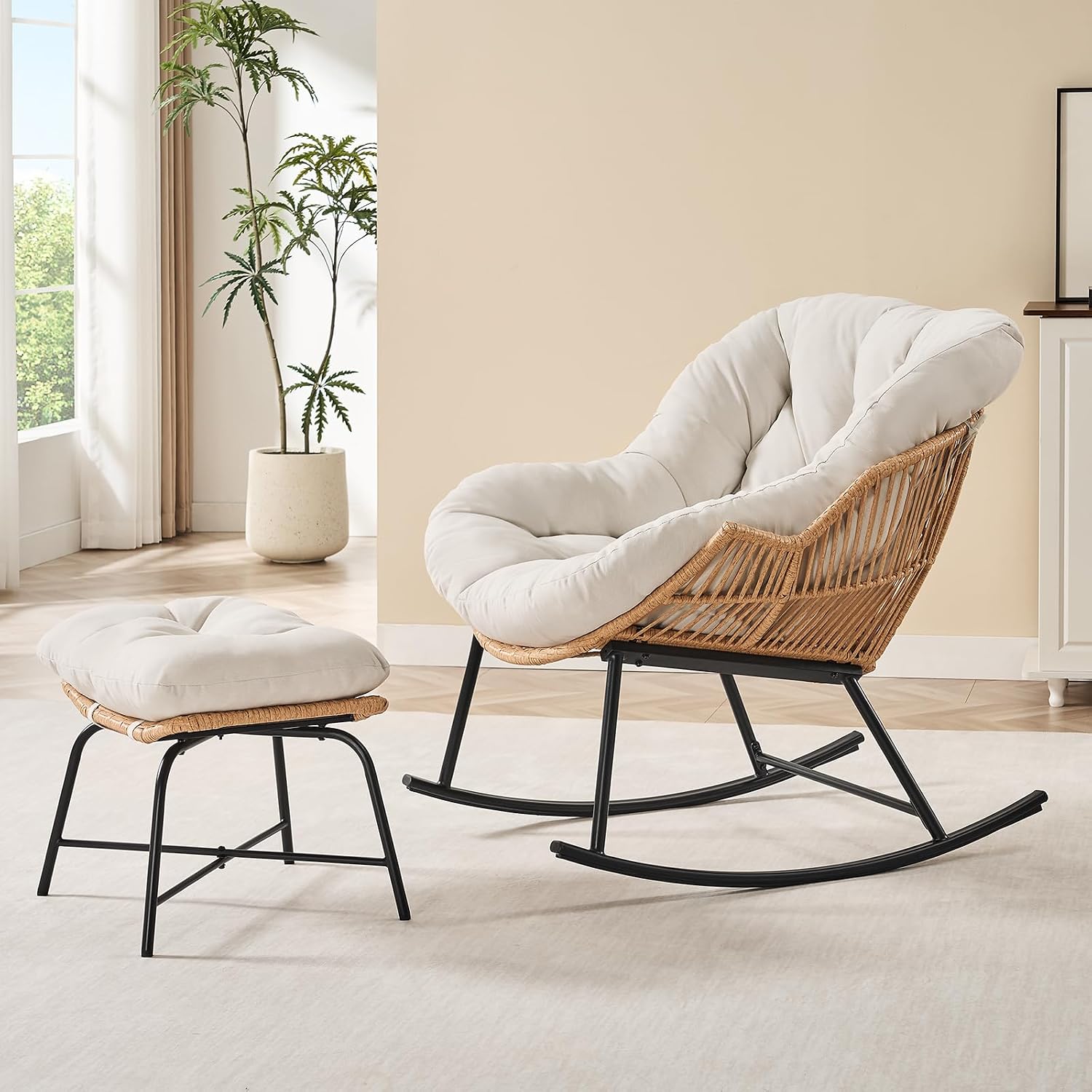 ONBRILL Papasan Rocking Chair with Ottoman,Oversized Papasan Chair with Padded Cushion, Indoor & Outdoor Rocker Chair for Living Room, Patio, Garden, Cream White