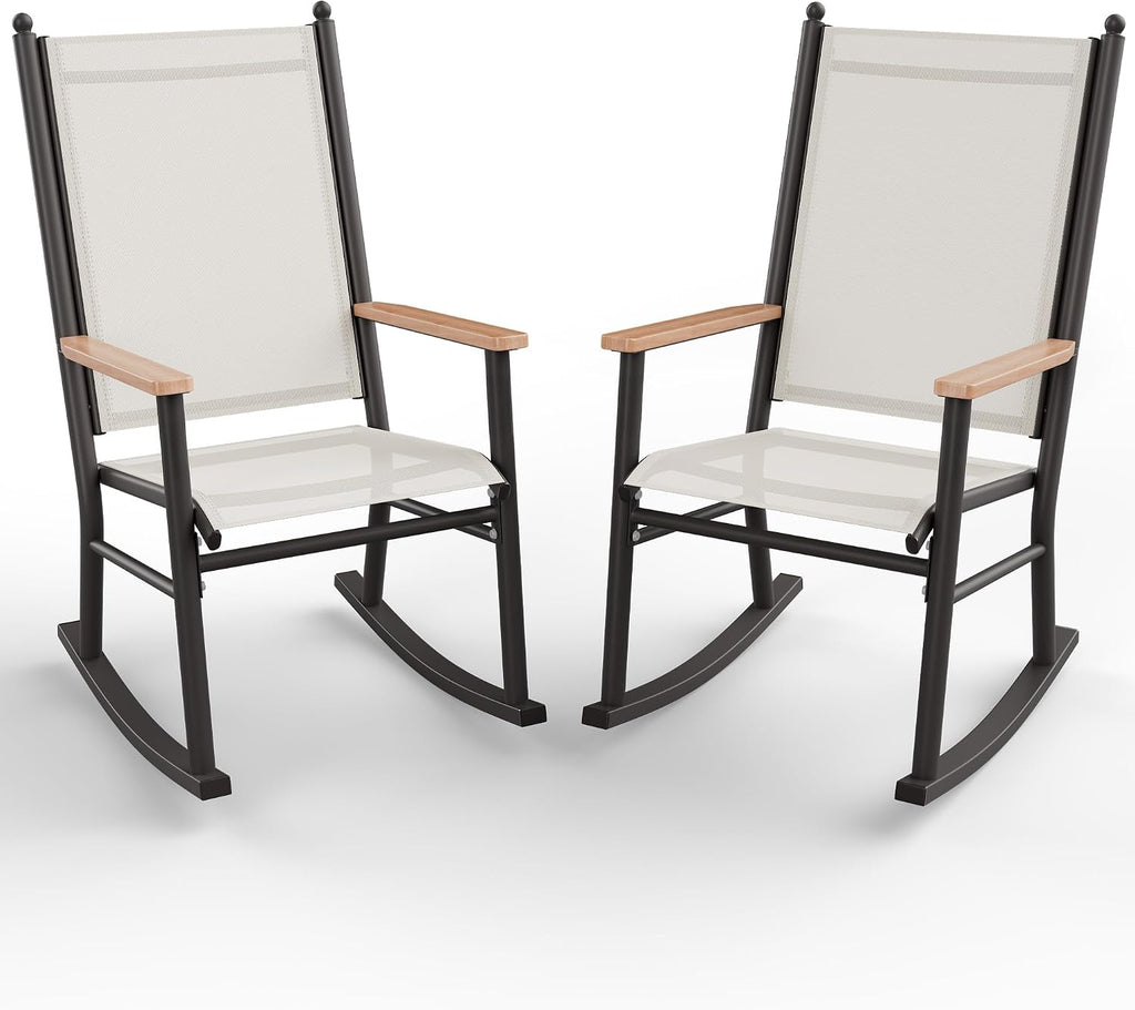 Shintenchi 2 Pcs Outdoor Rocking Chairs Set,Upgraded High Back Patio Rocking Chairs Set,Breathable Textilene Fabric Rocking Chair for Porch,Patio,Garden,Balcony,Creamy White