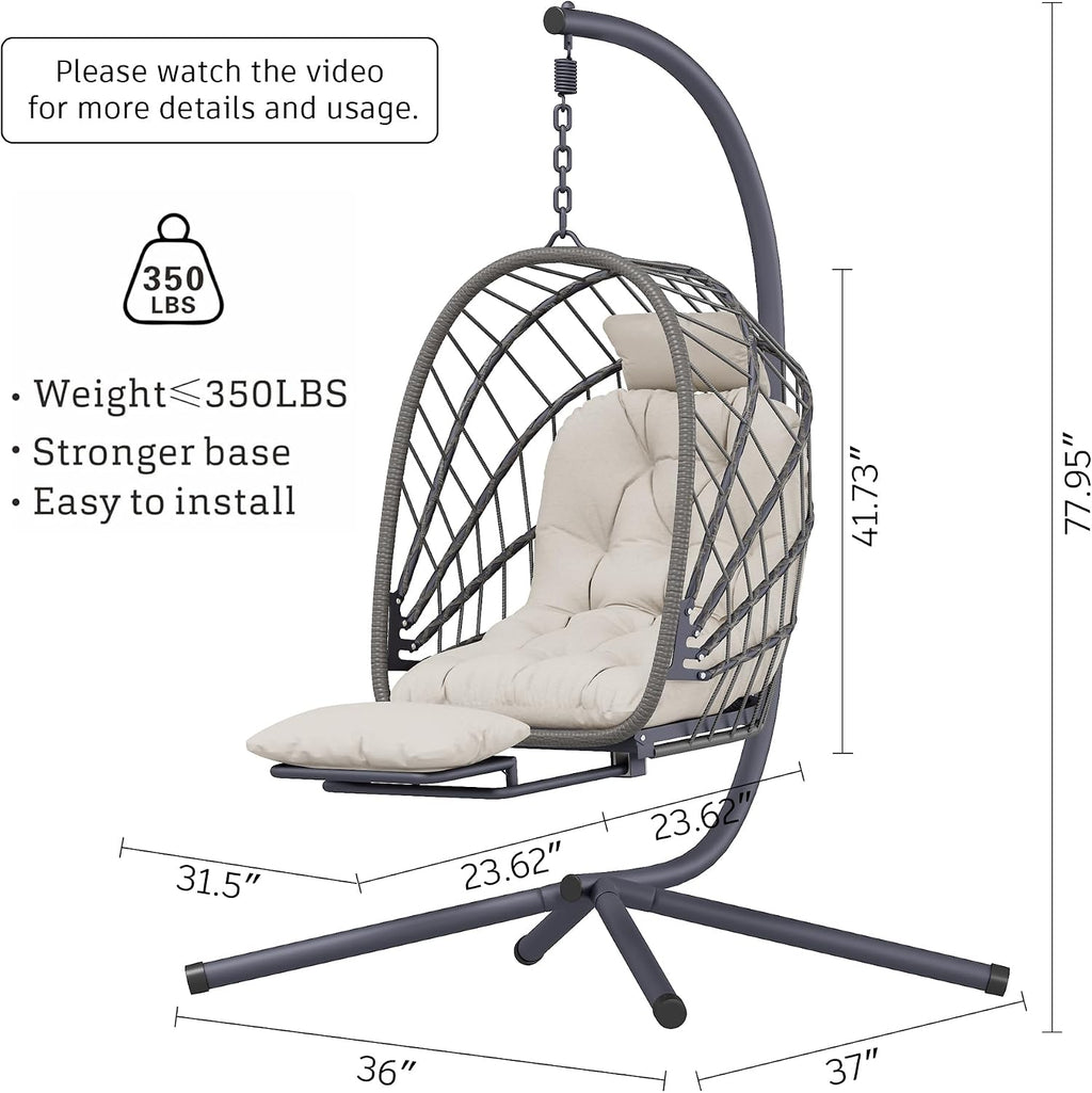 Outdoor Egg Swing Chair with Stand and Footrest, Comfy Patio Hammock Hanging Rocking Egg Chair with Cushion for Bedroom Indoor, Dark Gray (Beige)