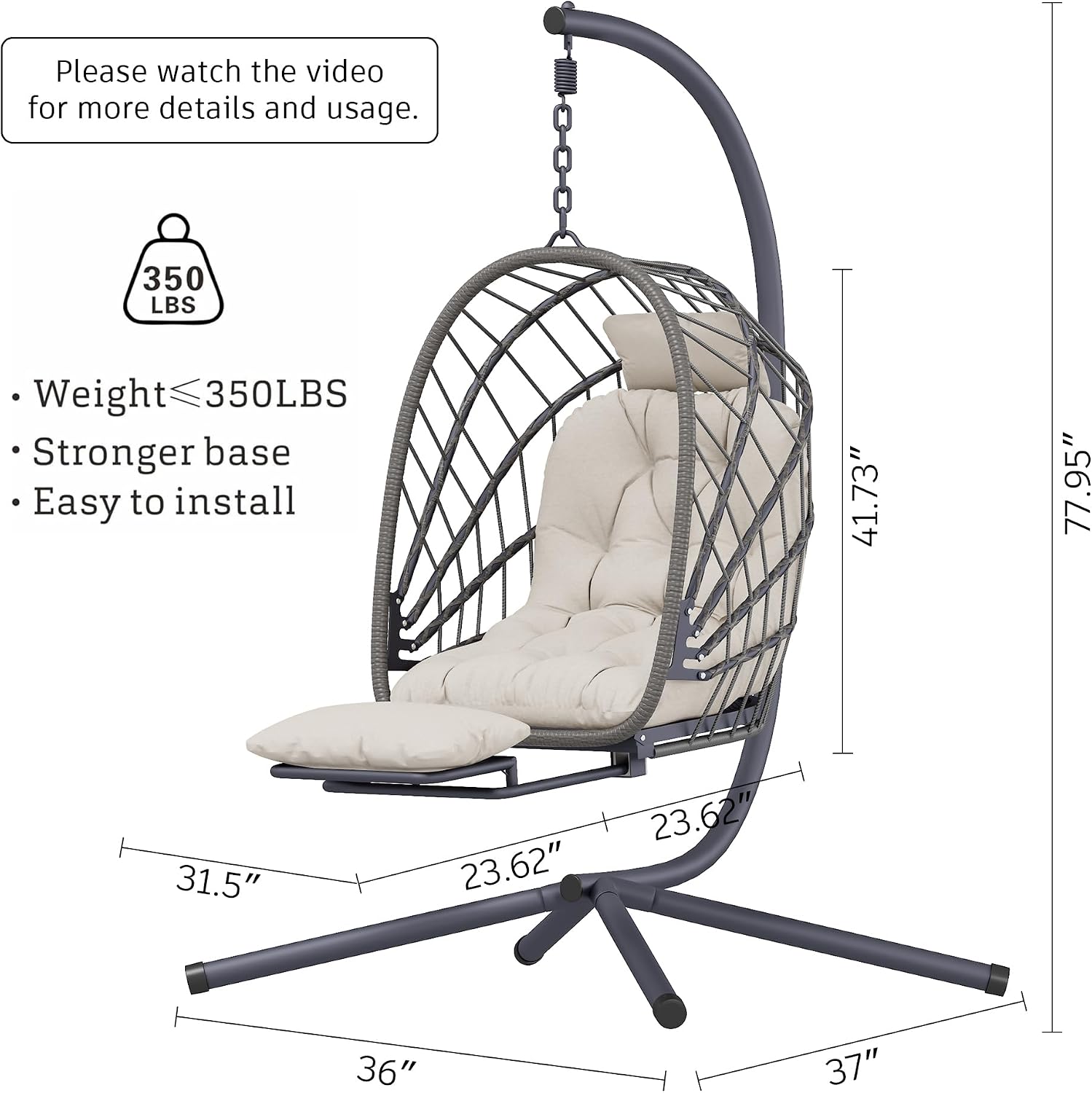 Outdoor Egg Swing Chair with Stand and Footrest, Comfy Patio Hammock Hanging Rocking Egg Chair with Cushion for Bedroom Indoor, Dark Gray (Beige)