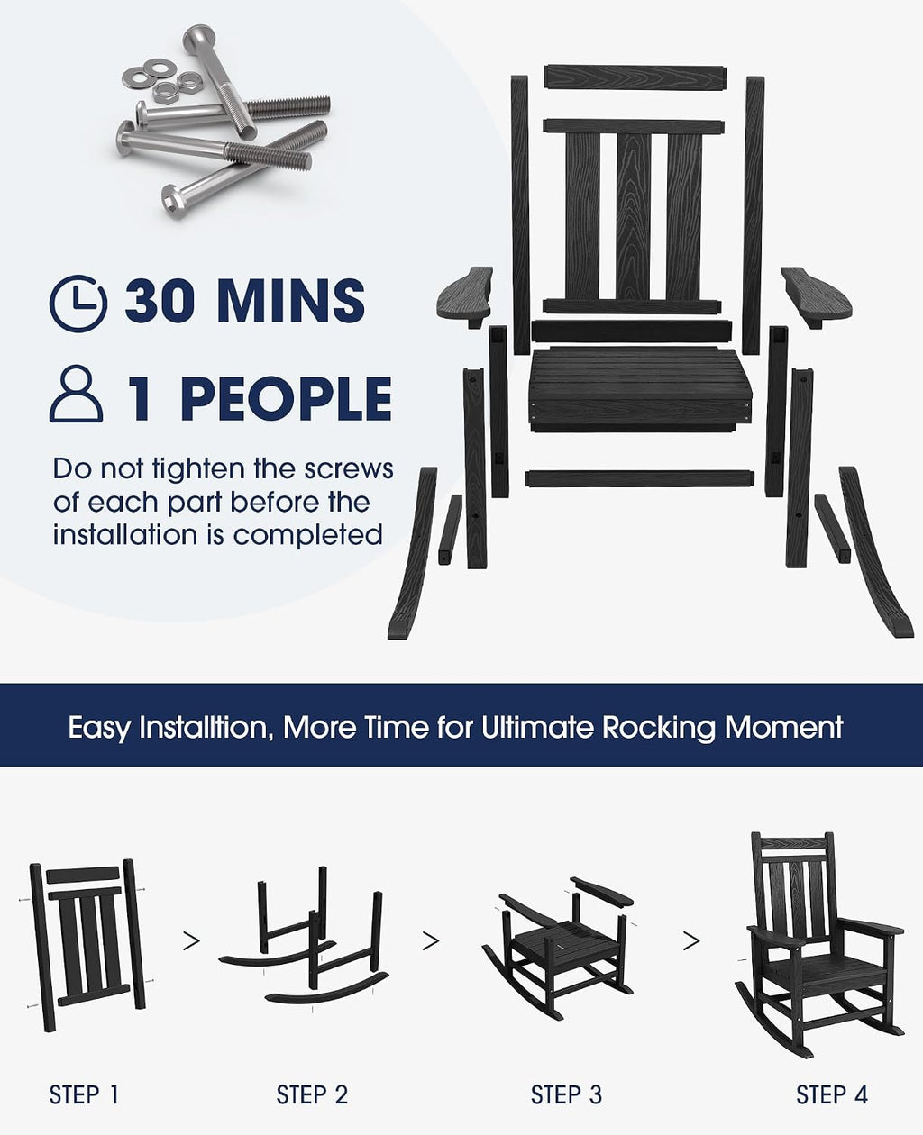 KINGYES Oversized Outdoor Rocking Chair Set of 4, All-Weather Patio Rocking Chairs for Porch, HDPE Outdoor Patio Rockers with High Back & Wide Seat for Garden, Lawn, Black