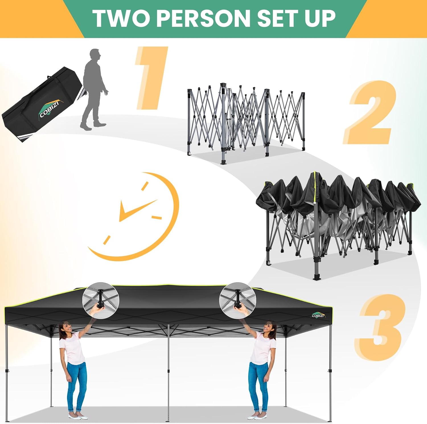 COBIZI 10x20 Pop Up Canopy Tent, Outdoor Party Tent with 6 Sidewall One Push Setup Glow, 3 Adjustable Height Air Vent Waterproof UPF50+, Bag, 4 Sandbag, 6 Stake, 12 Rope for Beach, Commercial