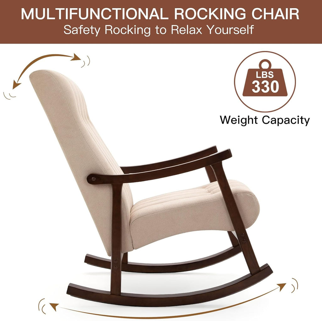 AVAWING Upholstered Rocking Chair with Fabric Padded Seat, Comfortable Rocker Solid Wood for Living Room, Modern High Back Armchair for Adult, Beige
