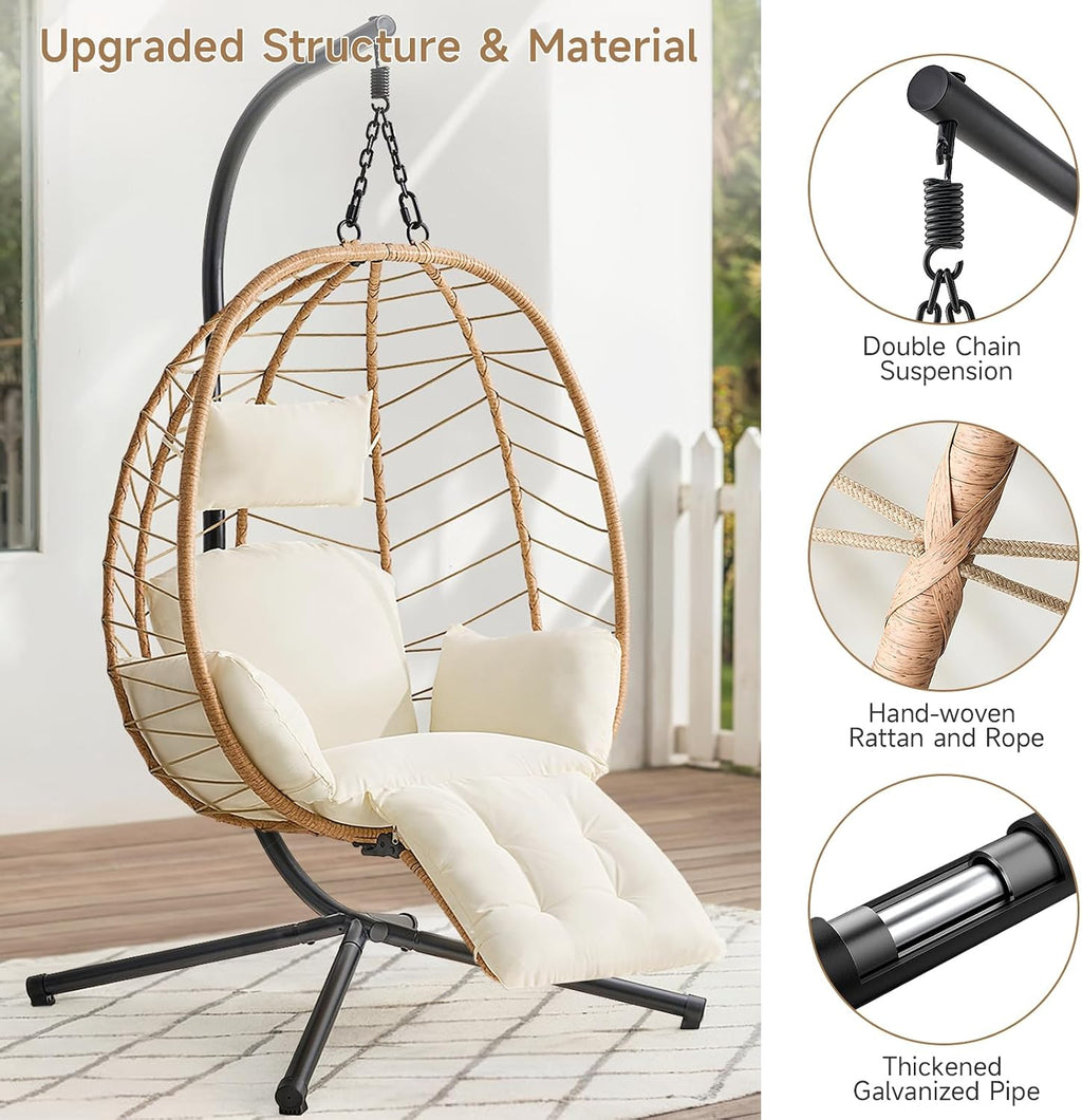 ONBRILL Hanging Egg Chair with Adjustable Footrest & Stand, Wicker Rattan Swing Hammock Chair with Cushion & Double Chains, 350LBS Capacity for Outdoor & Indoor Patio, Deck, Bedroom, Balcony (YE-BE)