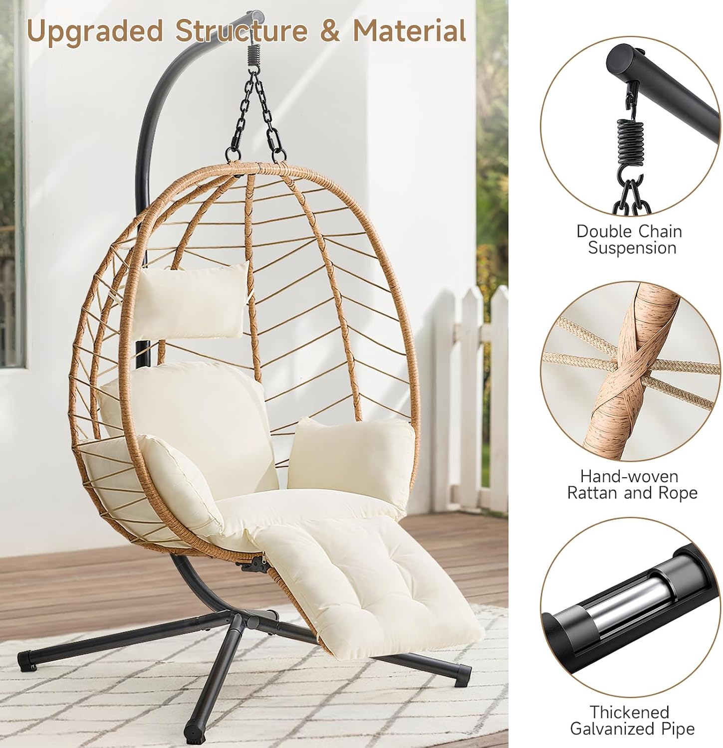 ONBRILL Hanging Egg Chair with Adjustable Footrest & Stand, Wicker Rattan Swing Hammock Chair with Cushion & Double Chains, 350LBS Capacity for Outdoor & Indoor Patio, Deck, Bedroom, Balcony (YE-BE)