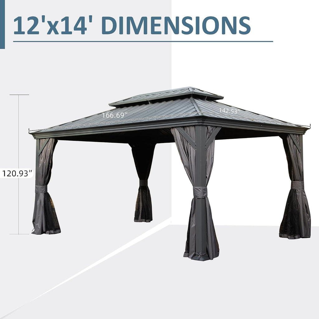 Domi 12' X 14' Hardtop Gazebo, Upgraded Metal Gazebo with Drainage System, Dual-Layer Galvanized Steel Roof, Curtain and Netting, Outdoor Shelter Canopy for Patio, Garden, and Backyard, Grey