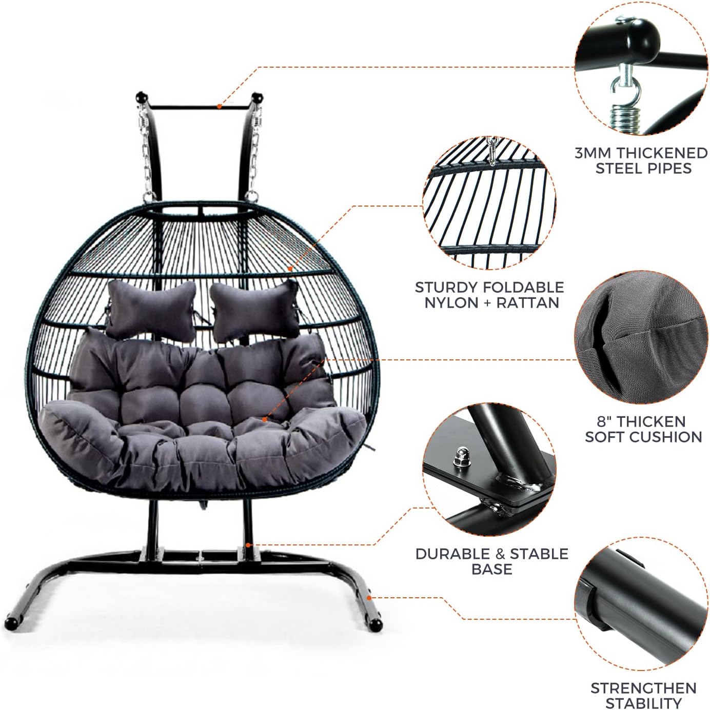 2 Person Hanging Double Swing Chair, Foldable Egg Chair with Stand and Cushion for Indoor Outdoor Patio Garden