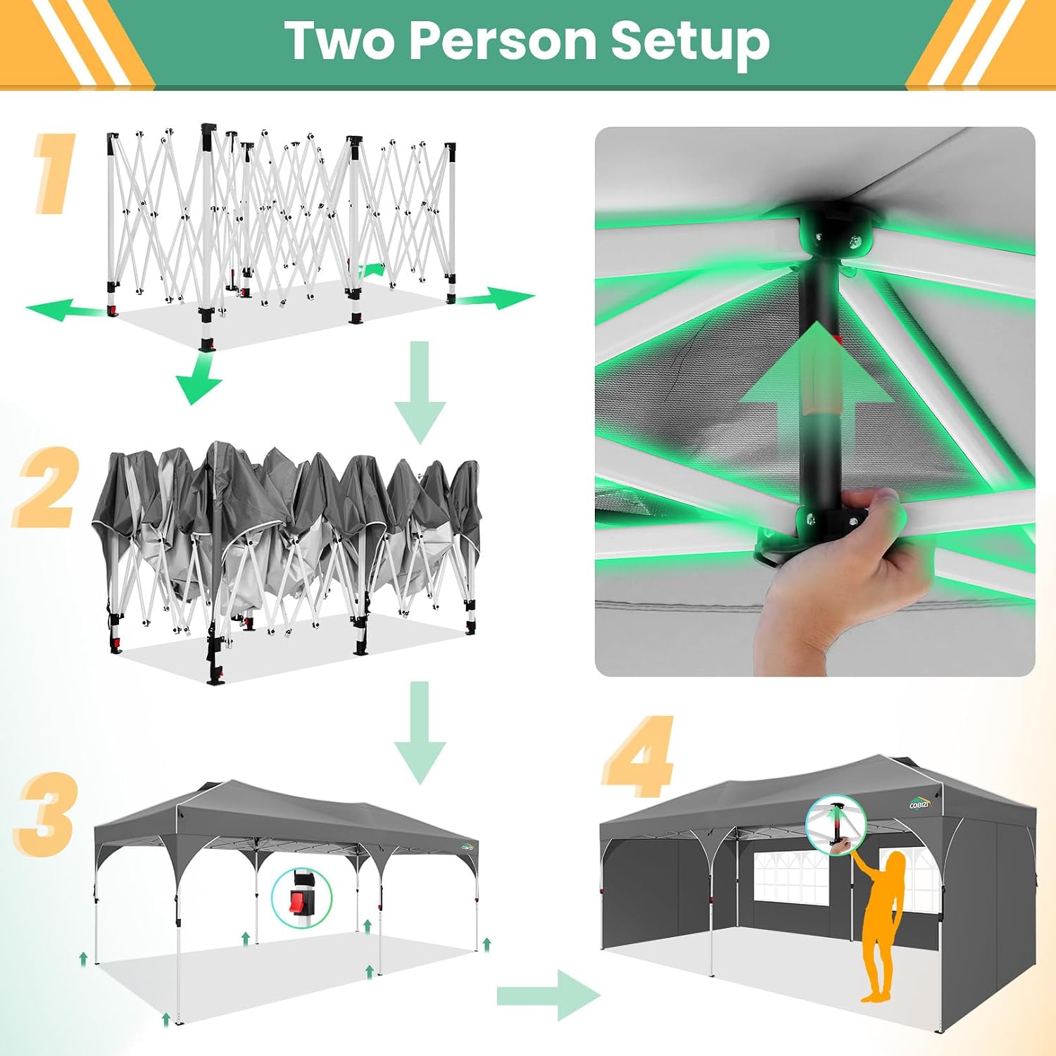 COBIZI 10x20 Pop Up Canopy Tent, Outdoor Party Tent with 4 Sidewalls, 1 Person Easy Set up, Tents for Parties with Fluorescent Strip & 4 Sandbags, Waterproof UPF50+, 3 Adjustable Height, Gray