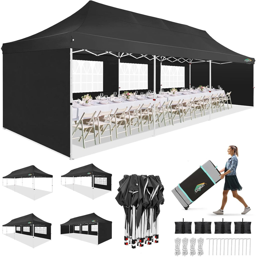 COBIZI 10x30 Pop up Canopy with 8 Removable Sidewalls & 4 Sandbags, Party Tent for Parties, Wedding, and Commercials, Waterproof and Instant Shelter UV50+ Ez Outdoor Canopy Tent with Roller Bag