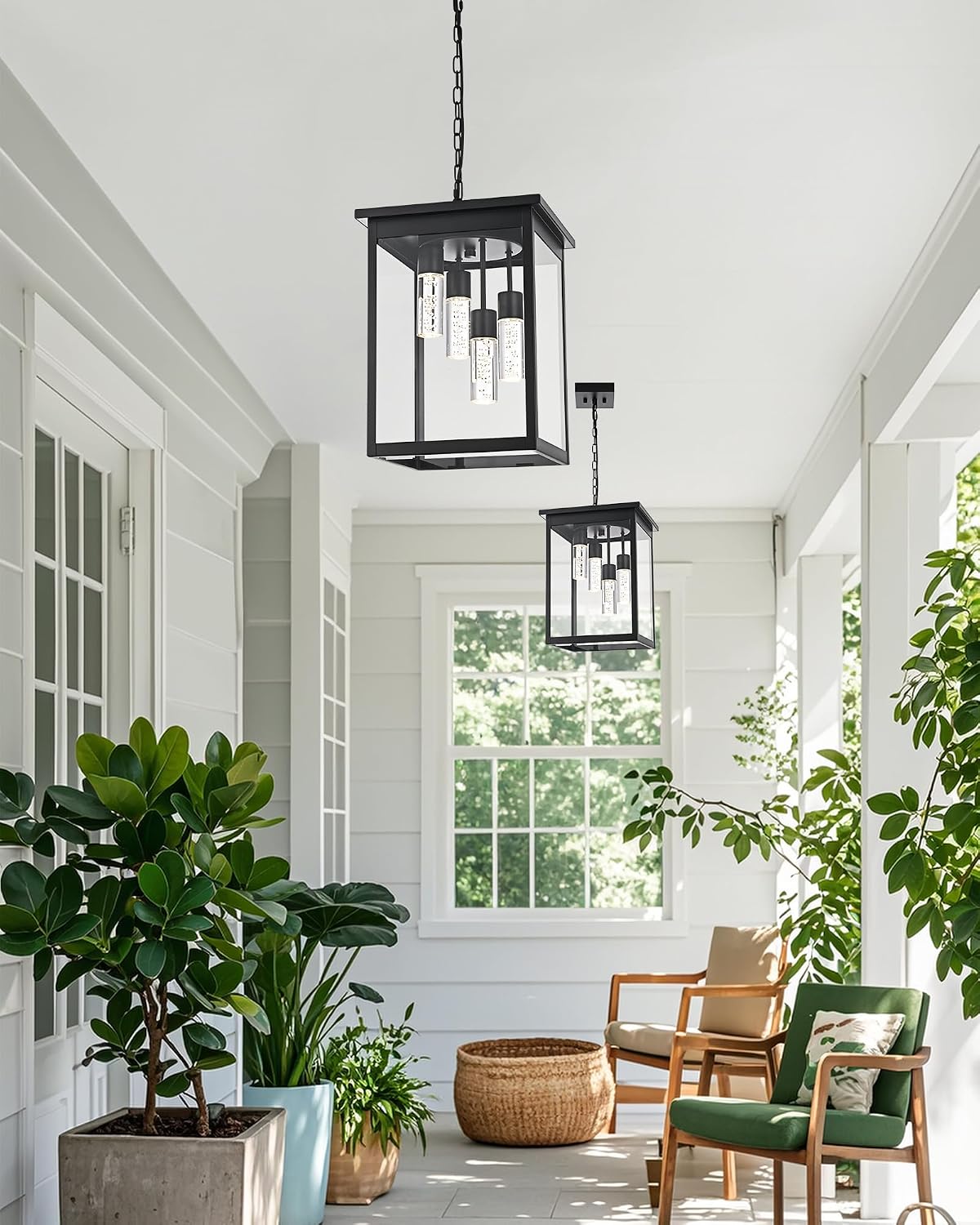 TODOLUZ Large 5CCT LED Outdoor Pendant Light Fixtures, Black Exterior Hanging Lantern Lamp LED Integrated Bulbs Included, Farmhouse Exterior Chandelier Ceiling Mount for Entrance Patio