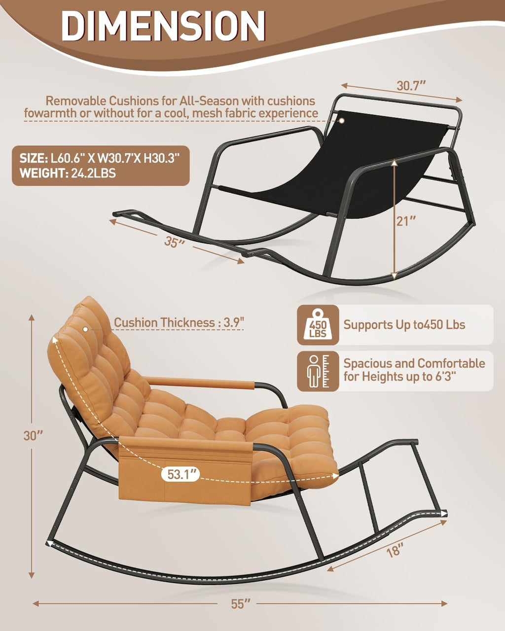 Oversized Indoor Rocking Chair, Plush Papasan Chair with Comfy Padded Cushions & Side Pocket, for Patio Garden, Porch, Lounge, Outdoor, Orange