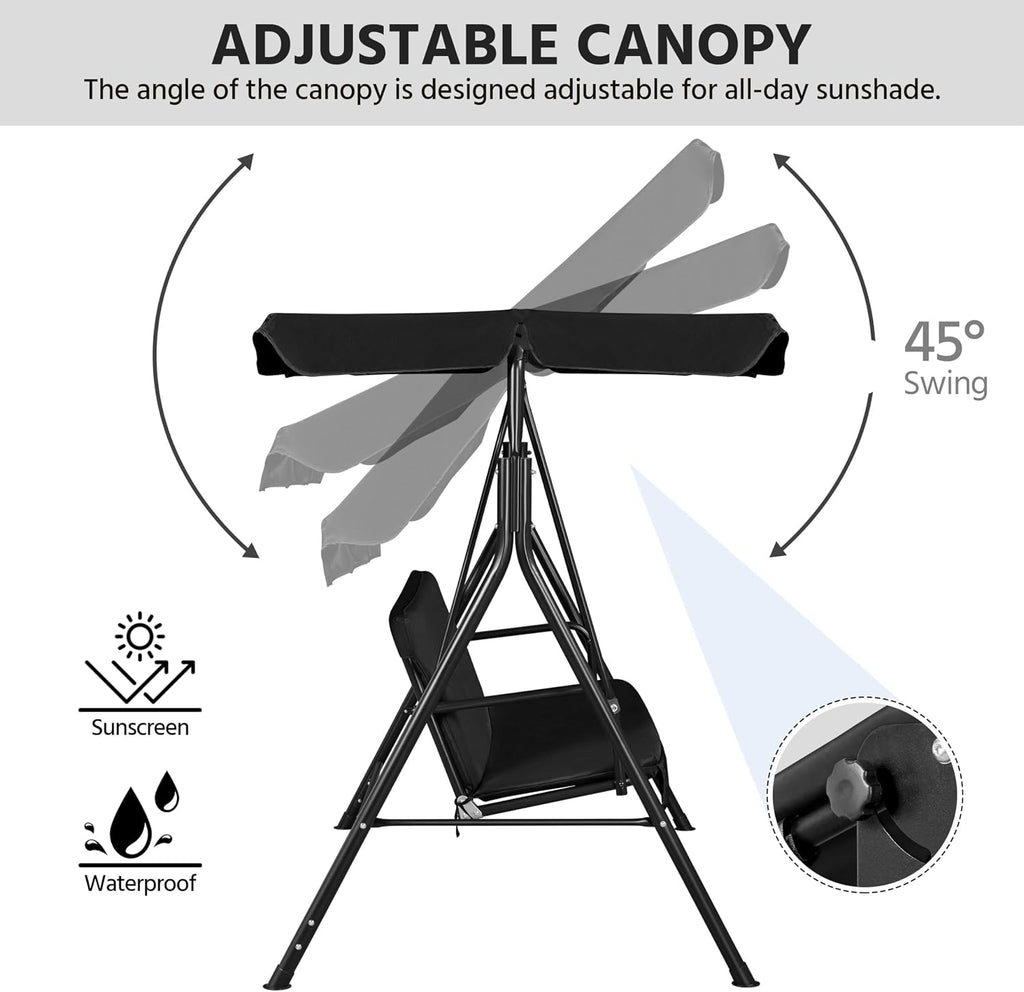 Yaheetech 3-Seat Patio Swing Chair, Outdoor Canopy Porch with Adjustable Canopy & Removable Cushion, Hanging Glider Lounge Chair for Patio, Garden, Yard, Porch - Black