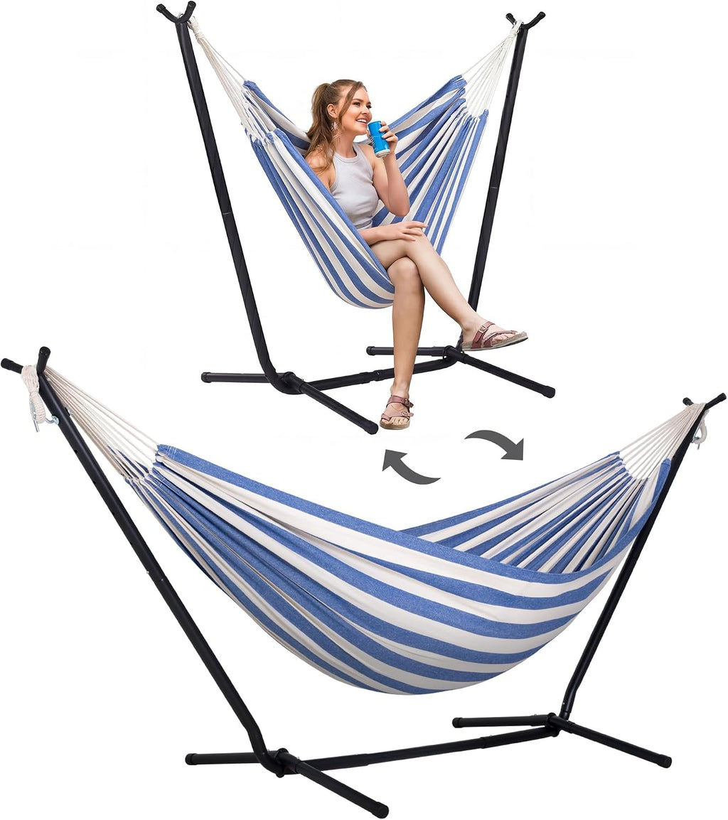 SUNCREAT 2-in-1 Convertible Backyard Fabric Hammock with Stand, Large Hammocks for Outside, Blue White