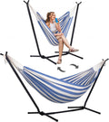 SUNCREAT 2-in-1 Convertible Backyard Fabric Hammock with Stand, Large Hammocks for Outside, Blue White