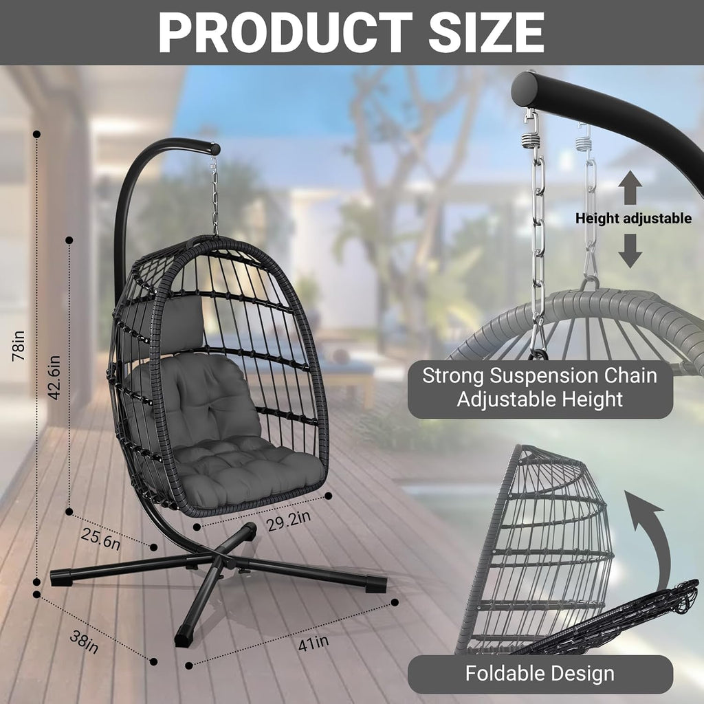 CHABATREE Egg Chair with Stand,Patio Rattan Wicker Hanging Swing Egg Chair Hammock Chair for Bedroom Porch Garden,Thickened Aluminum Alloy Steel Frame and UV Resistant Cushion,350LBS Capacity