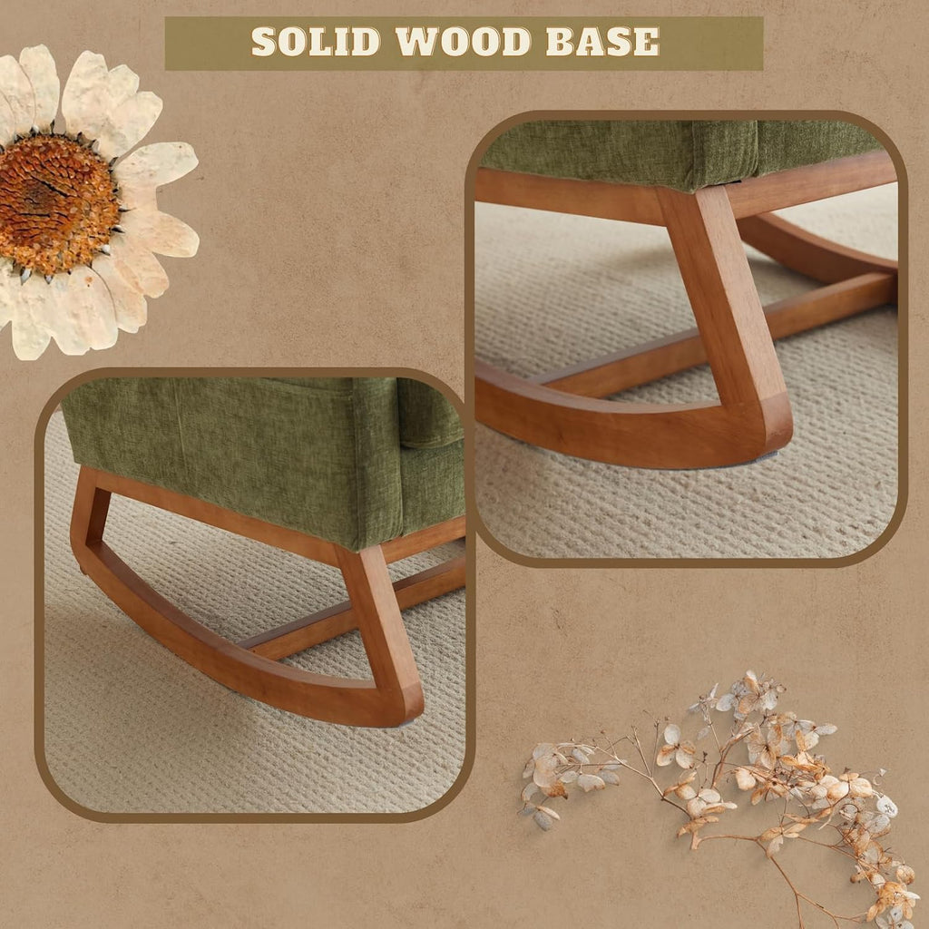 VINGLI Olive Chenille Rocking Chair Nursery with Thick Headrest, Upholstered Mid-Century Modern Nursing Rocker Glider with Curved Armrest, Sturdy Solid Wood Base for Living Room, Bedroom, Baby Room