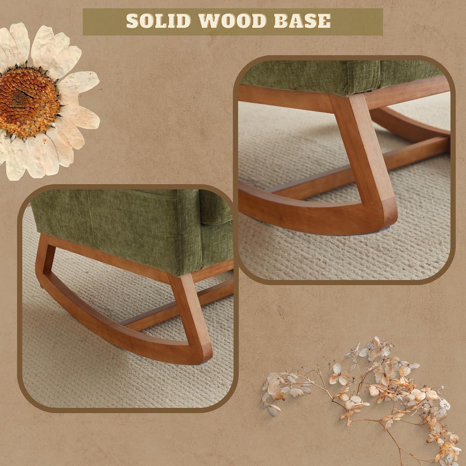 VINGLI Olive Chenille Rocking Chair Nursery with Thick Headrest, Upholstered Mid-Century Modern Nursing Rocker Glider with Curved Armrest, Sturdy Solid Wood Base for Living Room, Bedroom, Baby Room