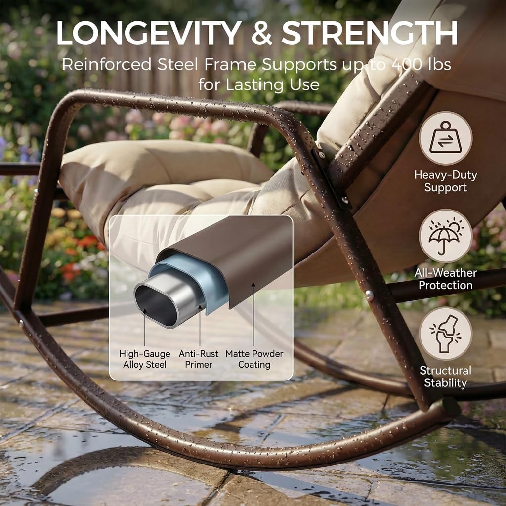 BULEXYARD Beige Oversized Indoor Outdoor Lounge Royal Rocking Chair with Armrest Footrest for Napping Relaxing, Heavy Duty Patio Reclining Papasan Rocker Chair with Padded Cushion for Porch, Sunroom