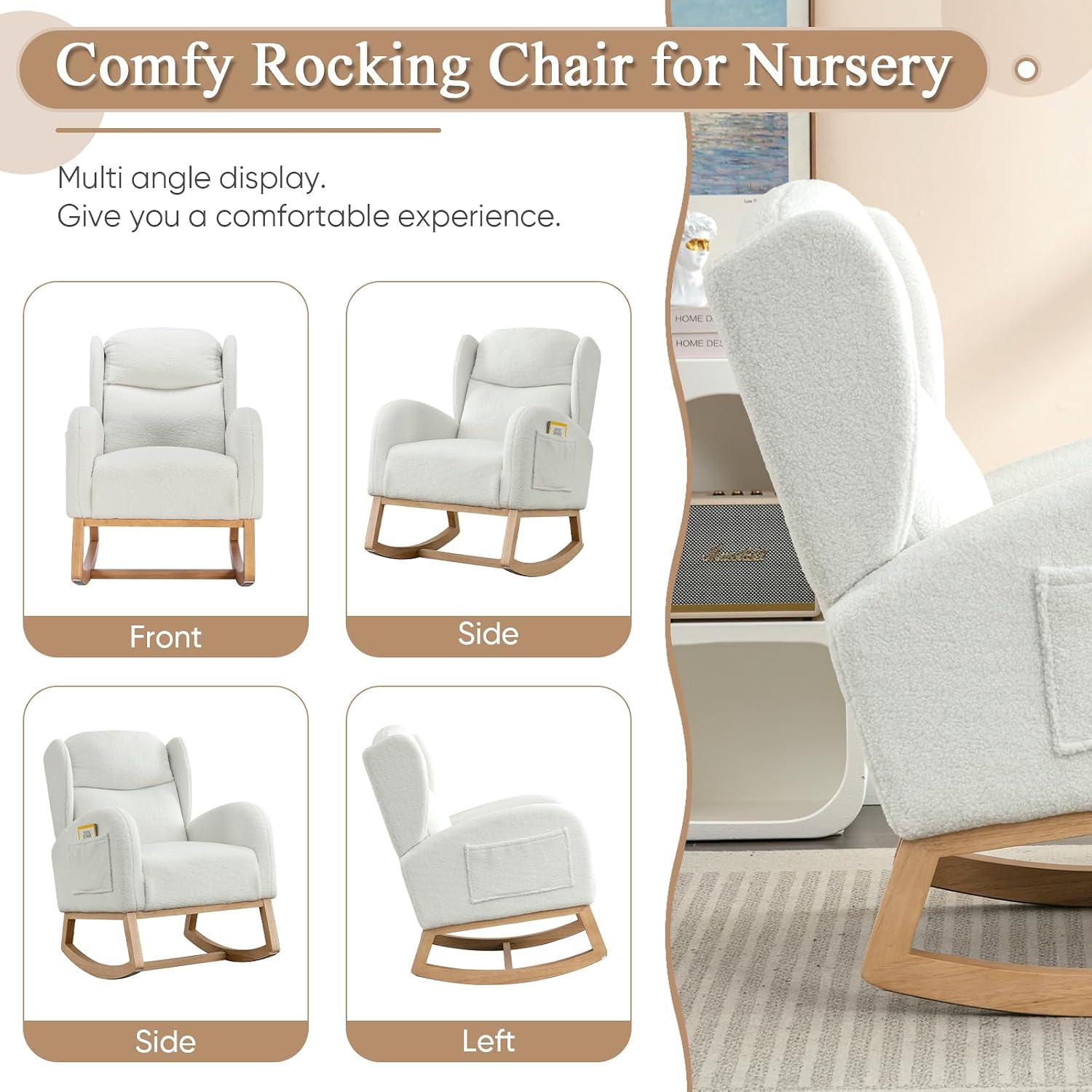 Rocking Glider Chair for Nursery, Wingback Teddy Accent Rocker Chair Upholstered Tall Back Arm Chair w/Side Pockets, Modern Leisure Single Sofa for Living Room, Hotel, Bedroom, Baby Room, Ivory