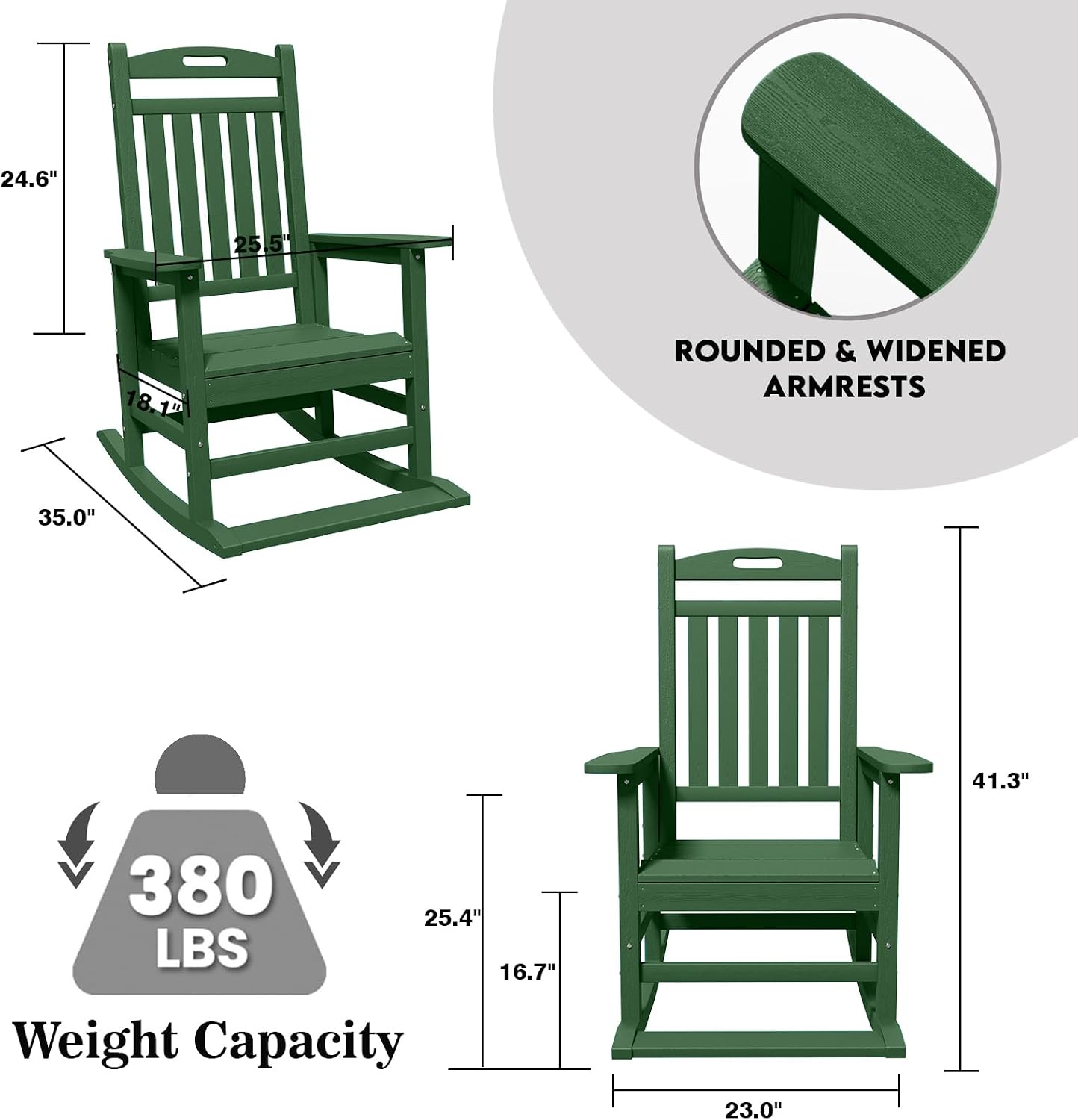 PLUUV Outdoor Rocking Chairs Set of 2, HDPE Patio Rocking Chair with Footboard, All Weather Porch Rockers Outdoor for Adult, Effortless Installation, Dark Green