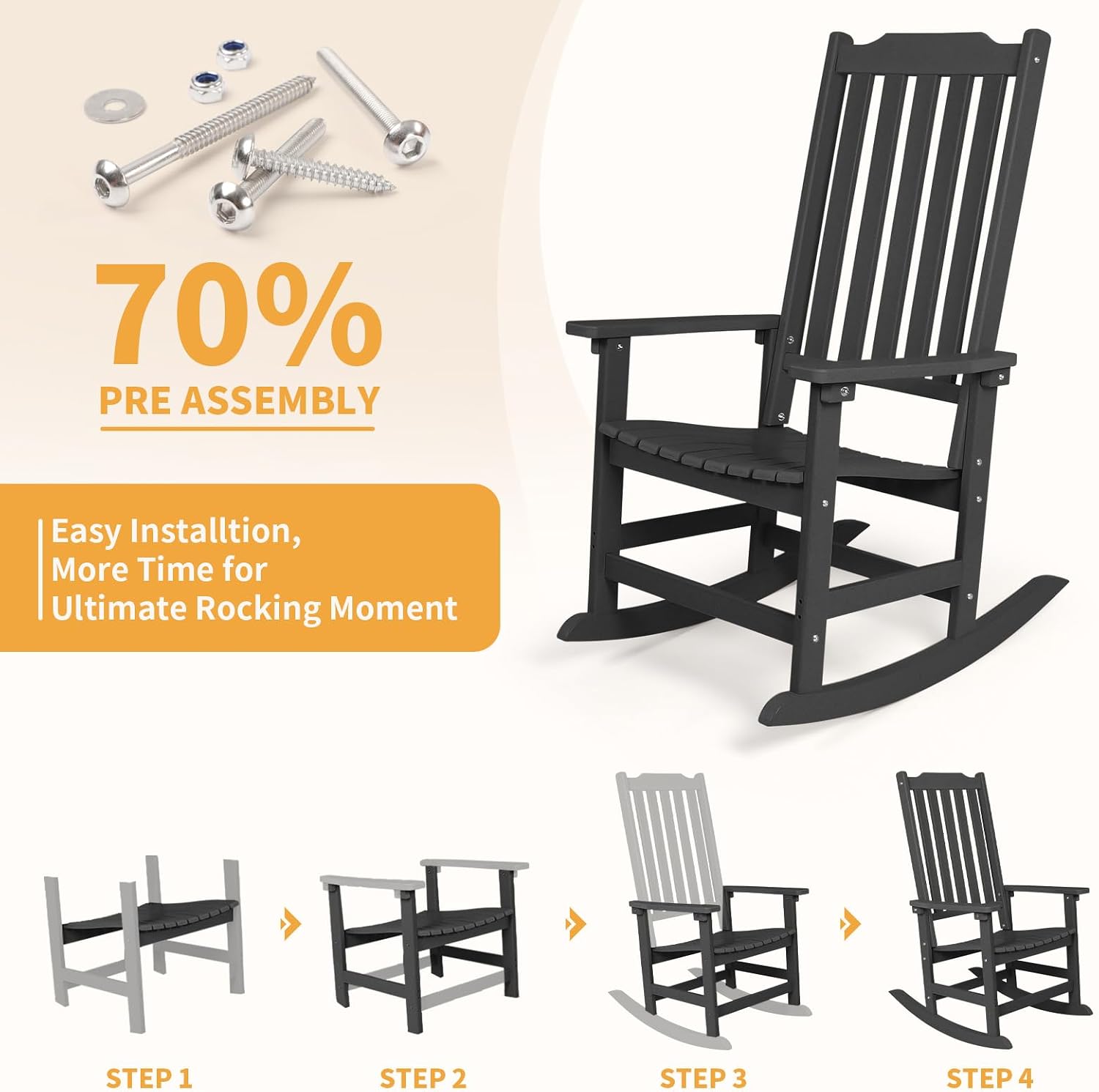 Outdoor Rocking Chairs Set of 4, Oversized All Weather High Back Porch Rocker, Patio Rockers for Outside