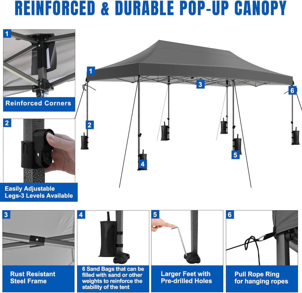 Yesker 10x20 Pop Up Canopy Tent with Sidewalls Instant Outdoor Canopy, Waterproof & UV Protection, Easy Setup Adjustable Height Heavy Duty Shelter Gazebo Tent for Patio Backyard Party Events, Gray