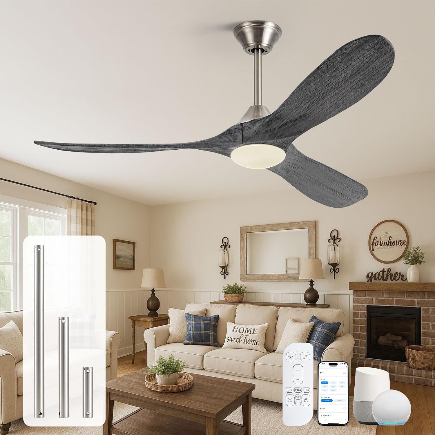 52 Inch Outdoor Ceiling Fan with Light, Wifi Smart Fan with Alexa/App/Remote Control, Quiet Reversible Energy Efficient DC Motor, Modern Farmhouse Style, Damp Rated for Patios Garage Porch Bedroom