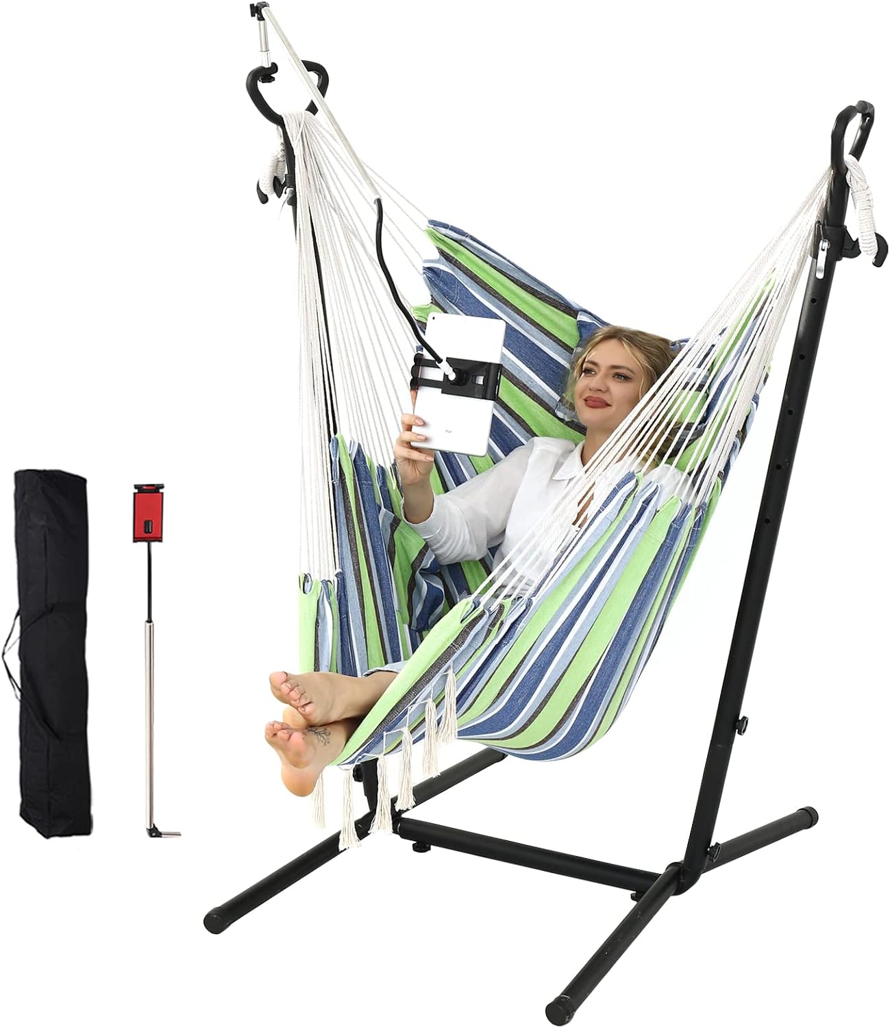ZEYU Hammock Chair with Stand Double Hammock Chair Bohemian Style with Tassel Mobile Phone Support Manual Adjustable Swing Indoor and Outdoor Garden Porch with Floor mat Reclining Capacity 400 pounds