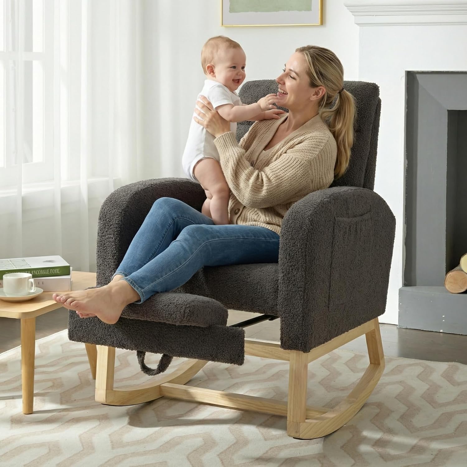 NIOIIKIT Modern Nursery Rocking Chair, Teddy Upholstered Rocking Chair with Footrest, Comfortable Rocker Recliner with Side Pocket, Glider Rocker for Living Room, Bedroom, Nursing Room (Dark Grey)