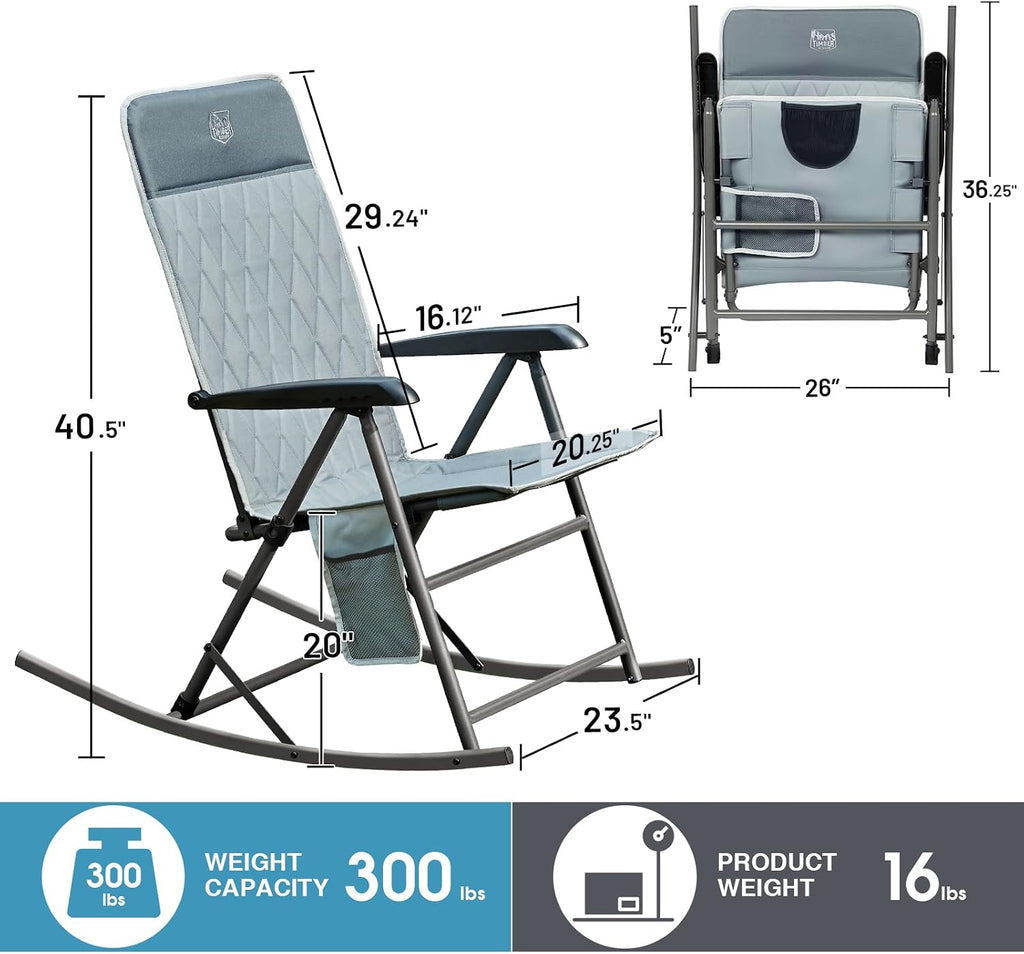 Timber Ridge 3-Level Adjustable Rocking Camping Chair, Ergonomic Padded High Back, Supports 300 LBS, Stable Anti-Tip Rocker, Hard Armrests for Easy Standing, Portable for Patio, Lawn & Tailgating