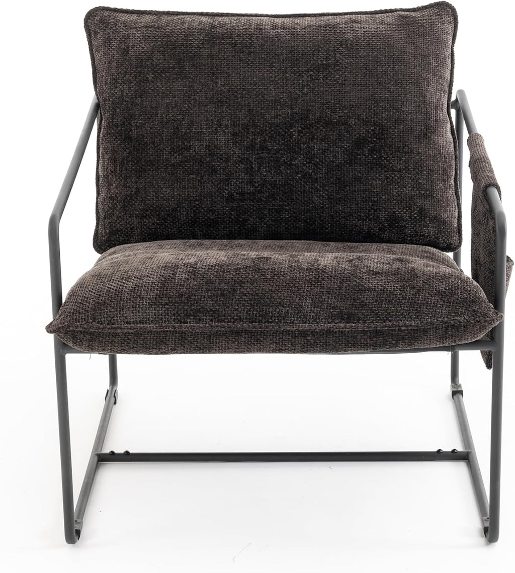 Comfy Sling Accent Chair Set of 2 Upholstered Hanging Armchairs with Pockets Metal Frame Skin-Friendly Fabric Reading Chair for Living Room Bedroom (Dark Grey Cushion & Black Metal Frame)