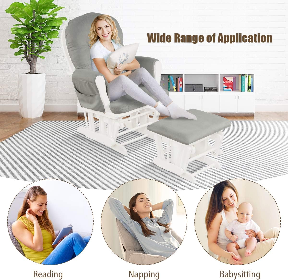 Costzon Nursery Glider with Ottoman, Upholstered Comfort Glider Rocker with Padded Cushion, Storage Pocket, Solid Wood Base, Rocking Chair Nursery for Breastfeeding, Napping (Light Gray)