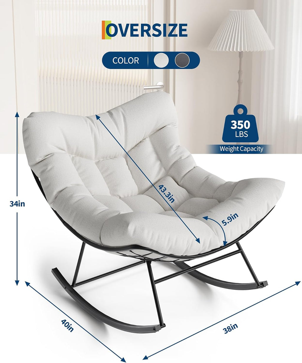 GarveeLife Outdoor Papasan Rocking Chair, Oversized Rocking Chair with Sturdy Metal Frame, Patio Egg Rocker for Balcony Backyard Porch Bedroom, White