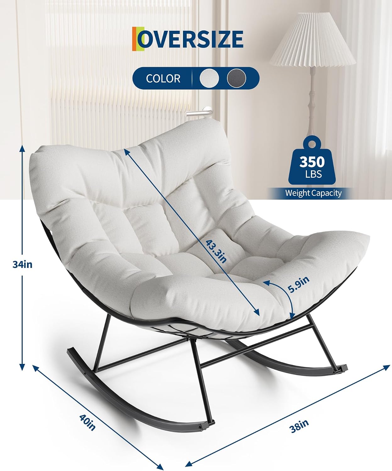 GarveeLife Outdoor Papasan Rocking Chair, Oversized Rocking Chair with Sturdy Metal Frame, Patio Egg Rocker for Balcony Backyard Porch Bedroom, White
