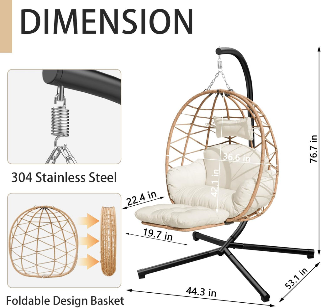 Indoor Outdoor Hanging Egg Chair with Stand & Leg Rest – Heavy-Duty Steel Frame, Handwoven Rattan Swing Chair for Patio, Garden, Bedroom – 350 lbs Capacity, Ergonomic Design (White)