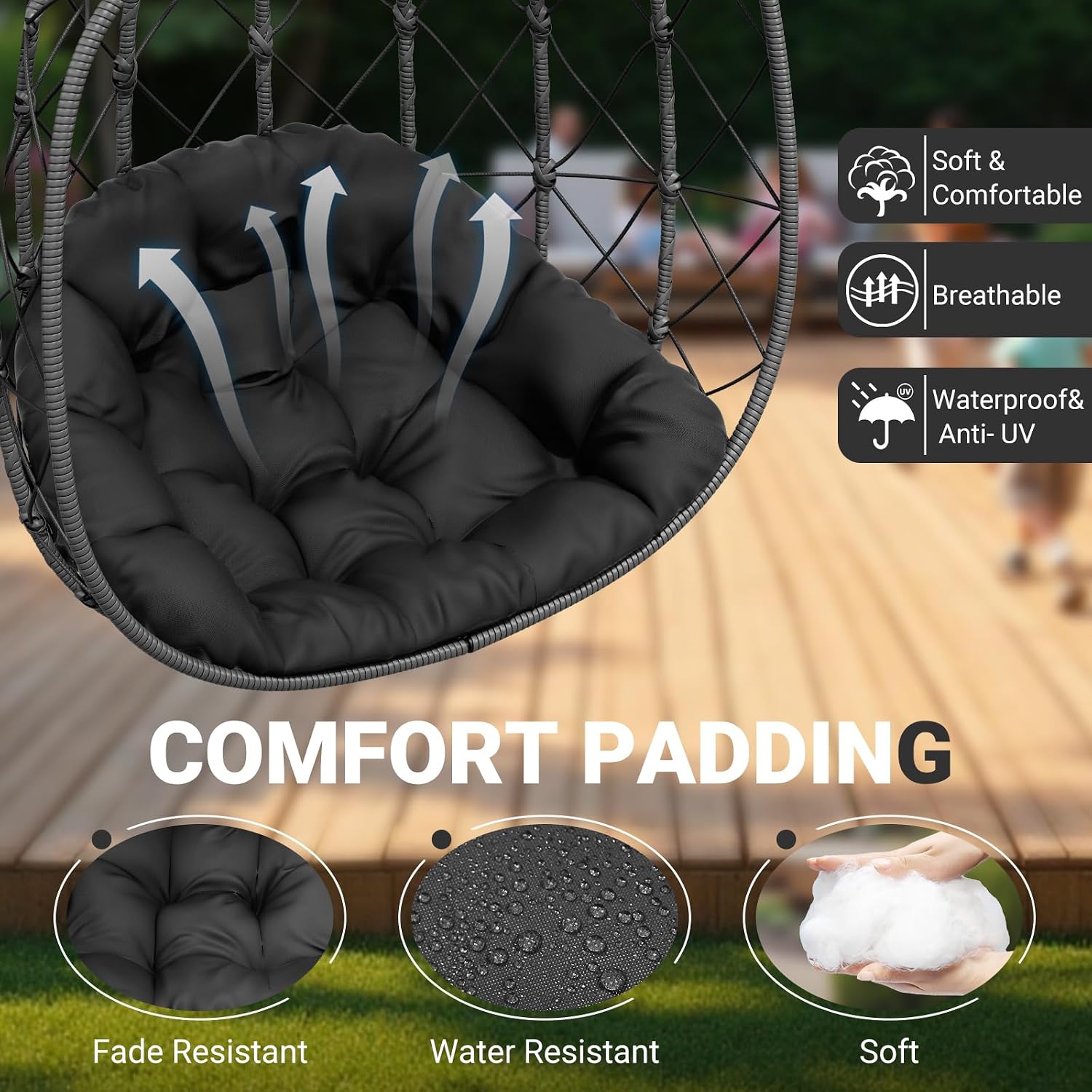 CHABATREE Double Egg Swing Chair with Stand - 2 Person Outdoor Patio Hanging Wicker Hammock Chair with Cushion, Dark Grey, for Garden, Lawn, Bedroom, Indoor/Outdoor Use