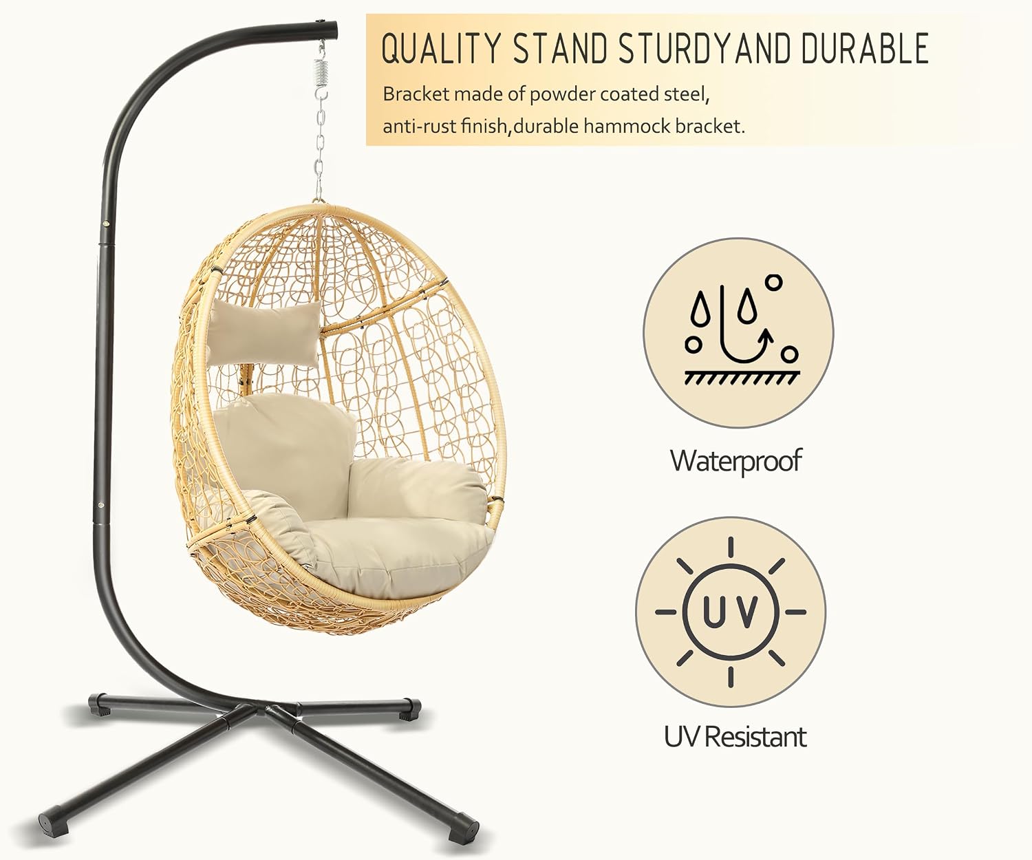 DoubleTT Indoor/Outdoor Wicker Swing Egg Chair Hammock Hanging Chair Nest Basket with Stand, UV Resistant Removable & Washable Cushions,350LBS Capacity for Bedroom, Balcony, Garden (Yellow and Beige)