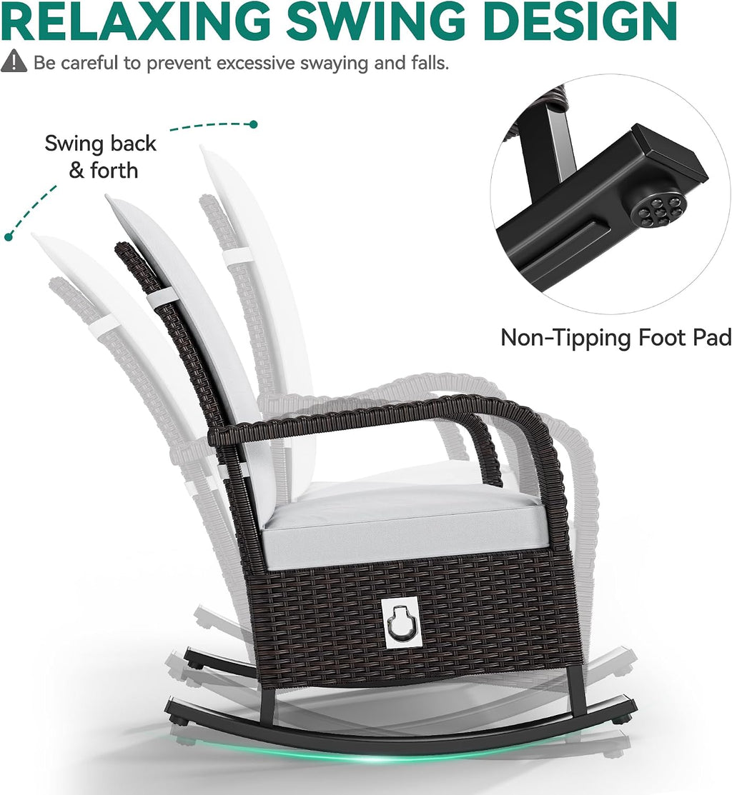 YITAHOME Outdoor Rocking Chair, Wicker Lounge Chair with Adjustment Backrest, PE Rattan Patio Recliner with Adjustable Footrest and Soft Cushions, Ideal for Garden Backyard Porch Patio