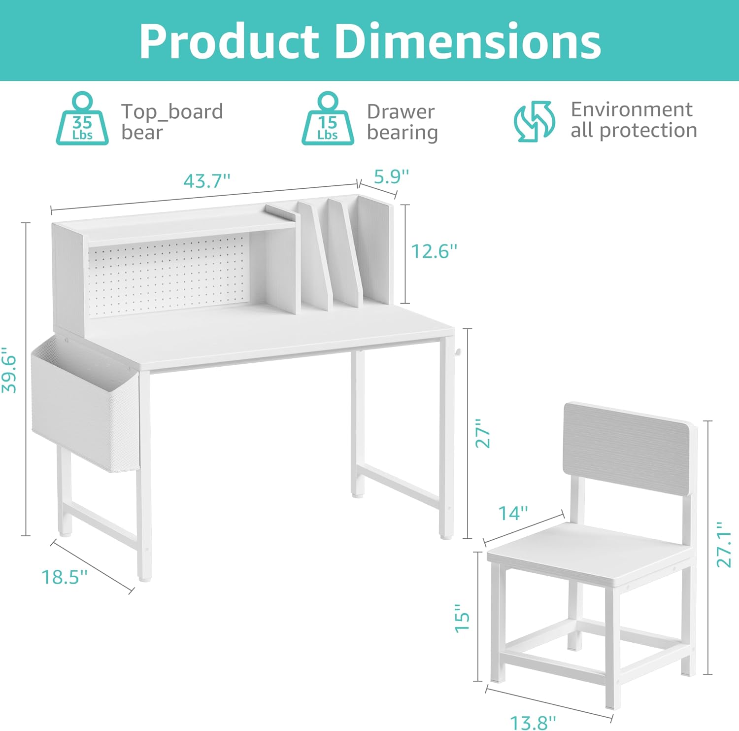 BOLUO Kids Desk and Chair Set for 6-12 Year Old, Children Study Desk with Hutch and Pegboard, Student Writing Table with Storage Shelf for Girls Boys