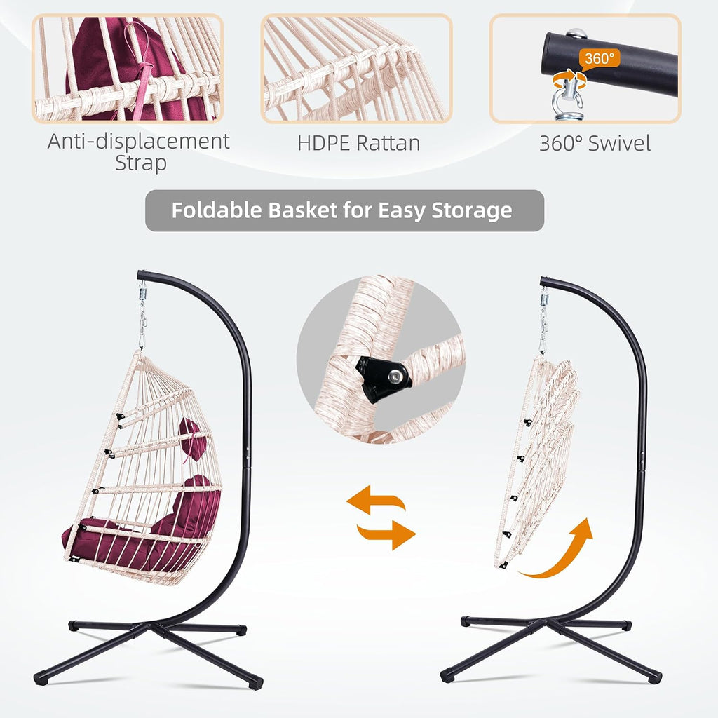 Foldable Hanging Egg Chair with Stand, HDPE Rattan and Heavy Duty Aluminum-Steel Frame, Outdoor Patio Wicker Swing Egg Chair with Headrest and Cushion, 350 Lbs Capacity, Rose Red