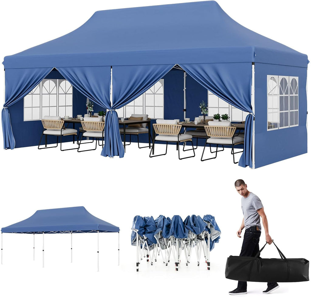 HAPPYGRILL 10x20FT Pop-up Canopy with Detachable Sidewalls, Instant Canopy Tent with Carrying Bag, UPF50+ Sun Protection, Easy Setup Gazebo for Outdoor Party Wedding, Blue
