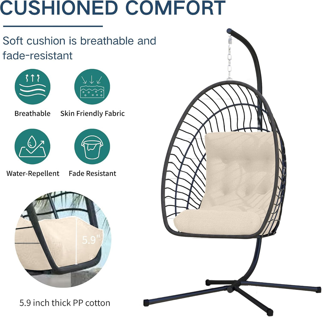 Kingdura Hanging Egg Chair with Stand Indoor Outdoor, Foldable Rattan Wicker Hammock Egg Swing Chair for Bedroom Porch Patio Garden, Thickened Cushion, 350LBS Capacity, Heavy Duty Frame