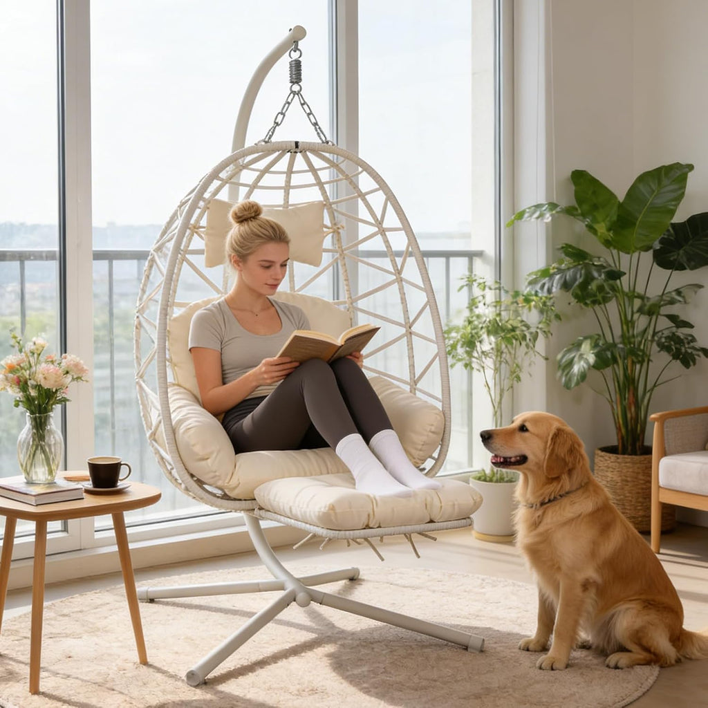 Hanging Egg Chair with Stand & Leg Rest,Rattan Wicker Swing Chair with Cushion,Patio Basket Hanging Chair Wicker Hammock Chair for Indoor Outdoor Bedroom Garden,300LBS (White Rattan&White Cushion)
