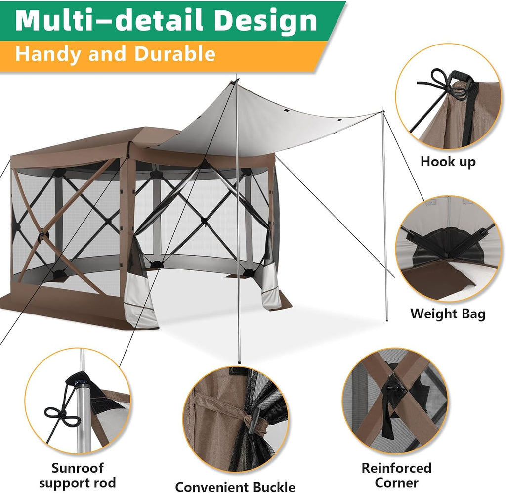 COBIZI Pop Up Gazebo Screen Tent Screen House for Camping, 12x12 Screen Room with Mosquito Netting, Hub Tent Instant Screened Canopy with Carrying Bag and Ground Stakes, Brown
