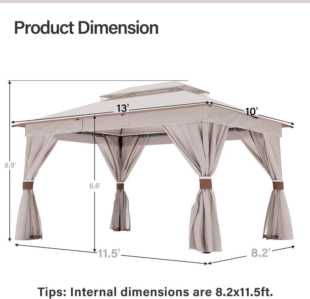 LAUSAINT HOME 10'x13' Outdoor Gazebo, Metal Frame Heavy Duty Patio Canopy Tent Shelter with Double Roofs, Mosquito Nettings and Privacy Screens for Backyard, Garden, Lawn, Classic Khaki