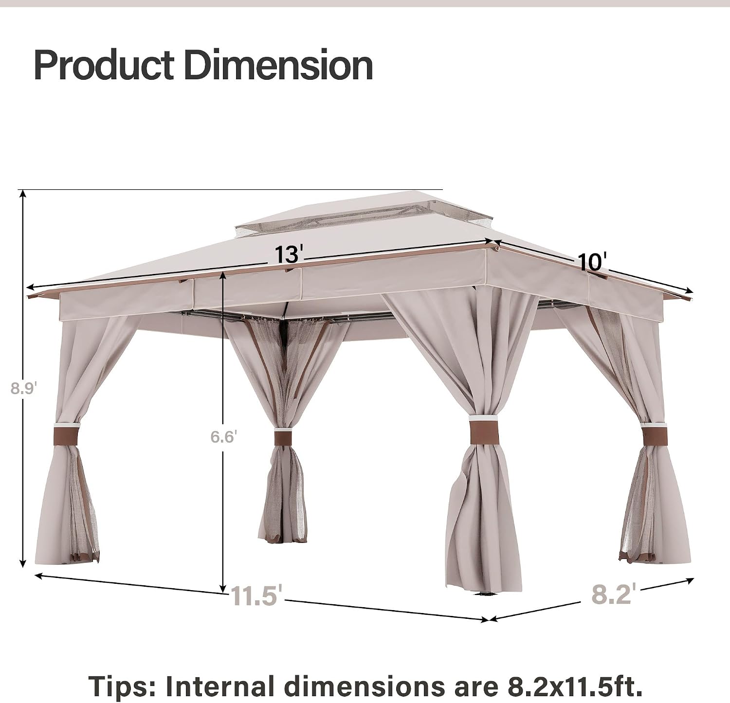 LAUSAINT HOME 10'x13' Outdoor Gazebo, Metal Frame Heavy Duty Patio Canopy Tent Shelter with Double Roofs, Mosquito Nettings and Privacy Screens for Backyard, Garden, Lawn, Classic Khaki